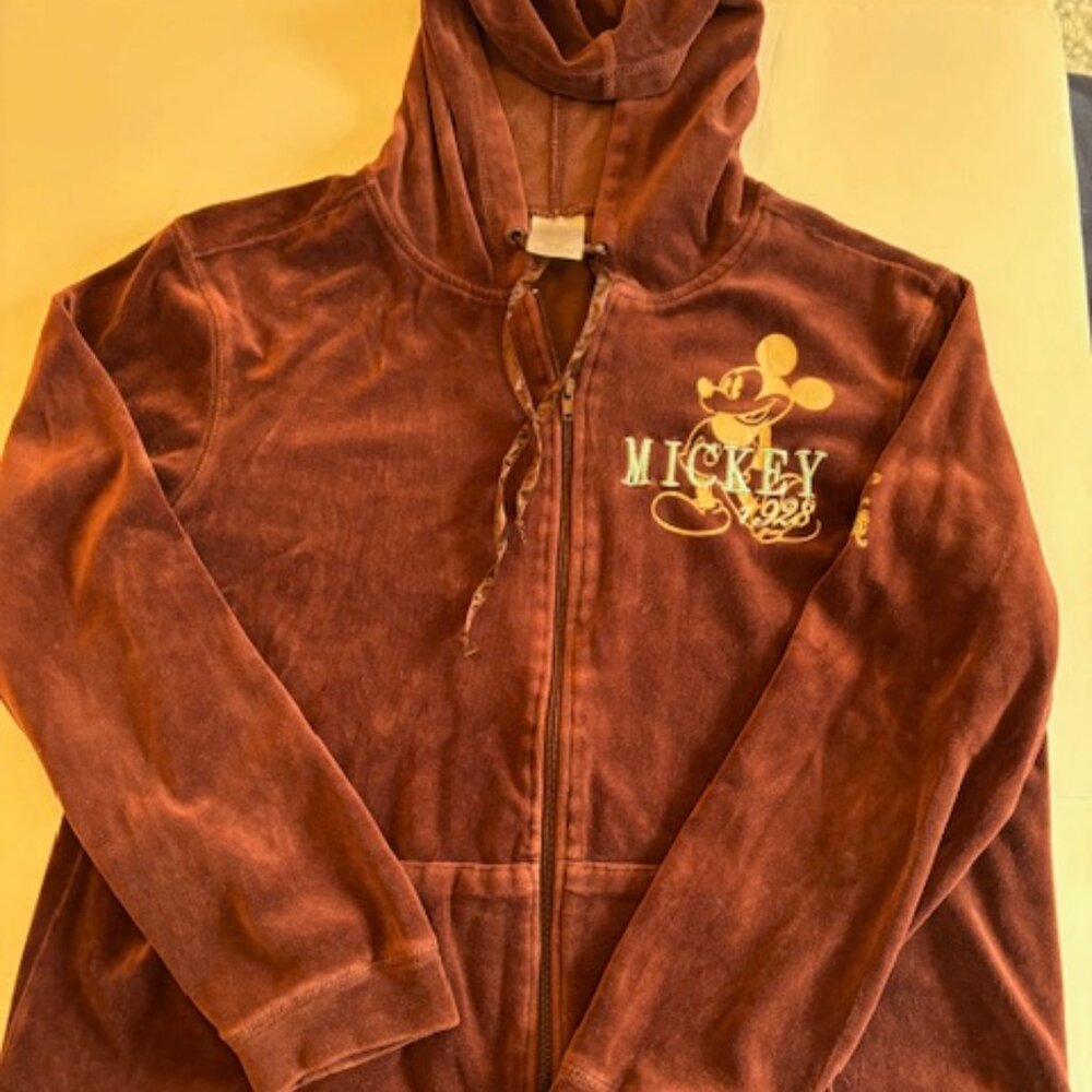 Disney Mickey Mouse 1928 Embroidered Brown Velour Full Zip Hoodie XL